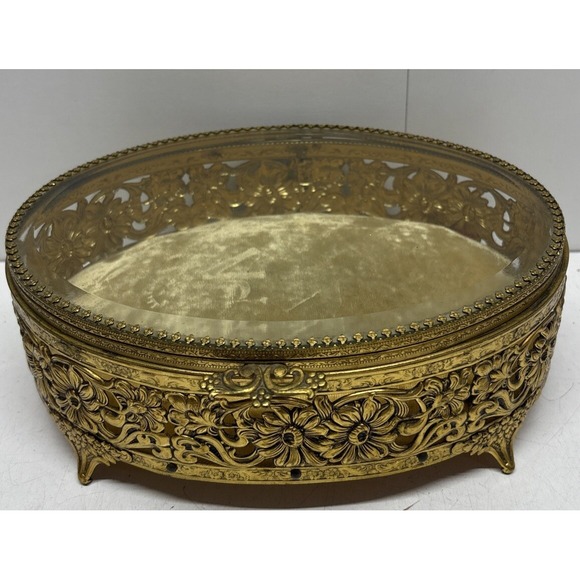 VTG Beveled Glass Daisy Casket Jewelry Box 24 KT Gold Plated Oval Gilt‎ Brass - Picture 7 of 7